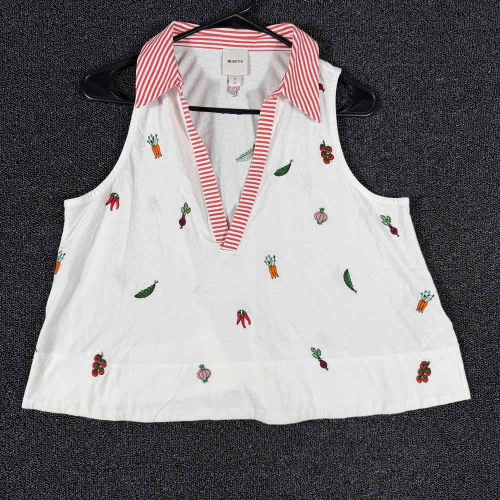 Maeve Anthropologie Sleeveless Popover Embroidered Vegetable White Red Stripe S
